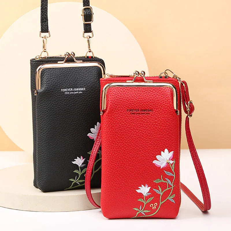 Flower embroidery soft PU phone bag with lock buckle, contrast stitching, five colours, vertical square shape