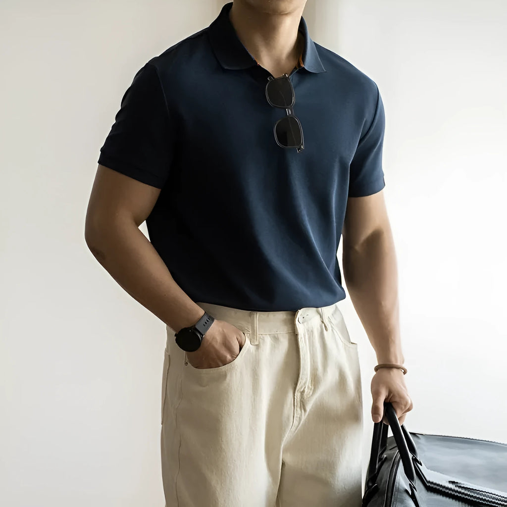 American-style blue cotton blend short sleeve polo shirt on hanger