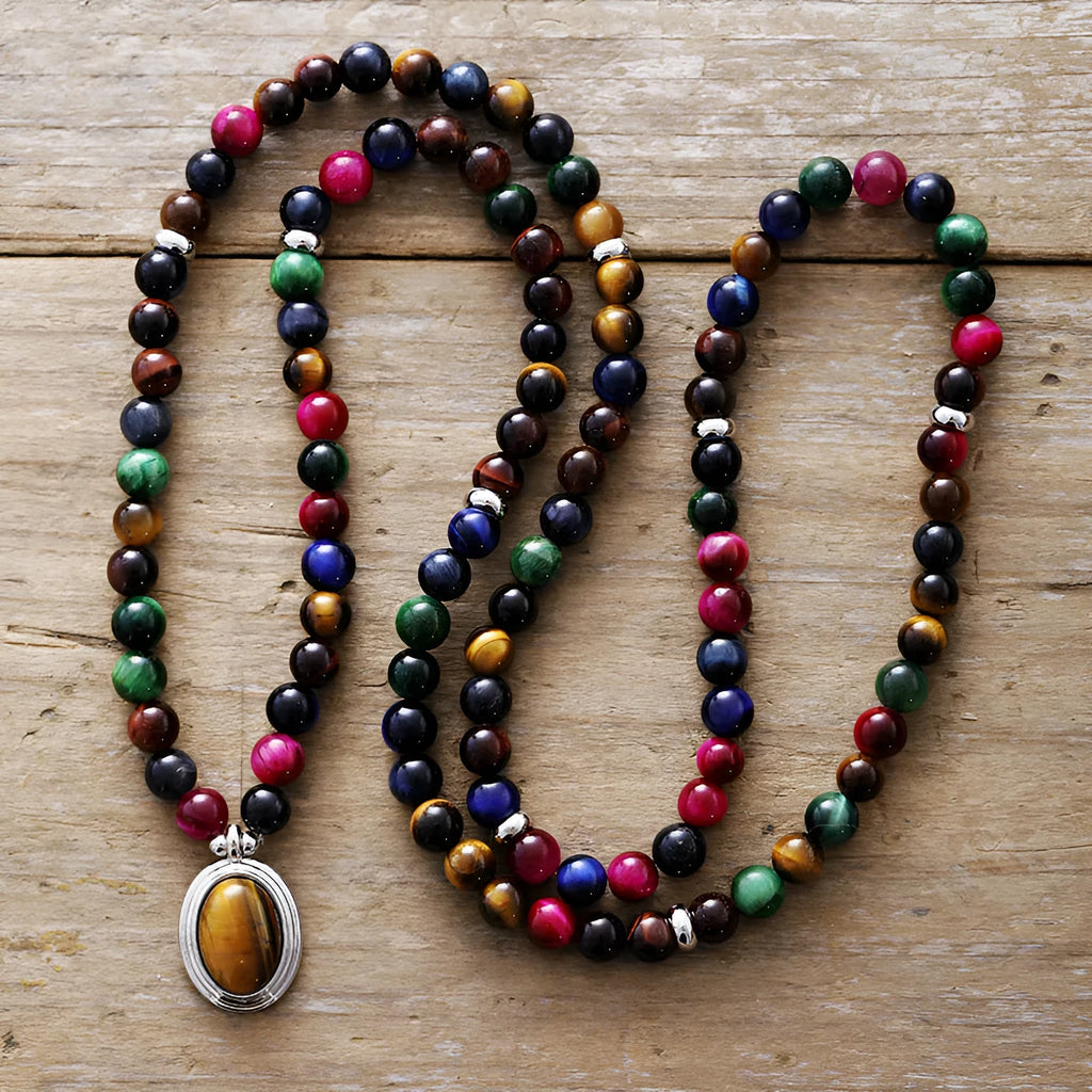 Tiger eye necklace and bracelet set with crown, infinity, and heart pendants on ball bead chain