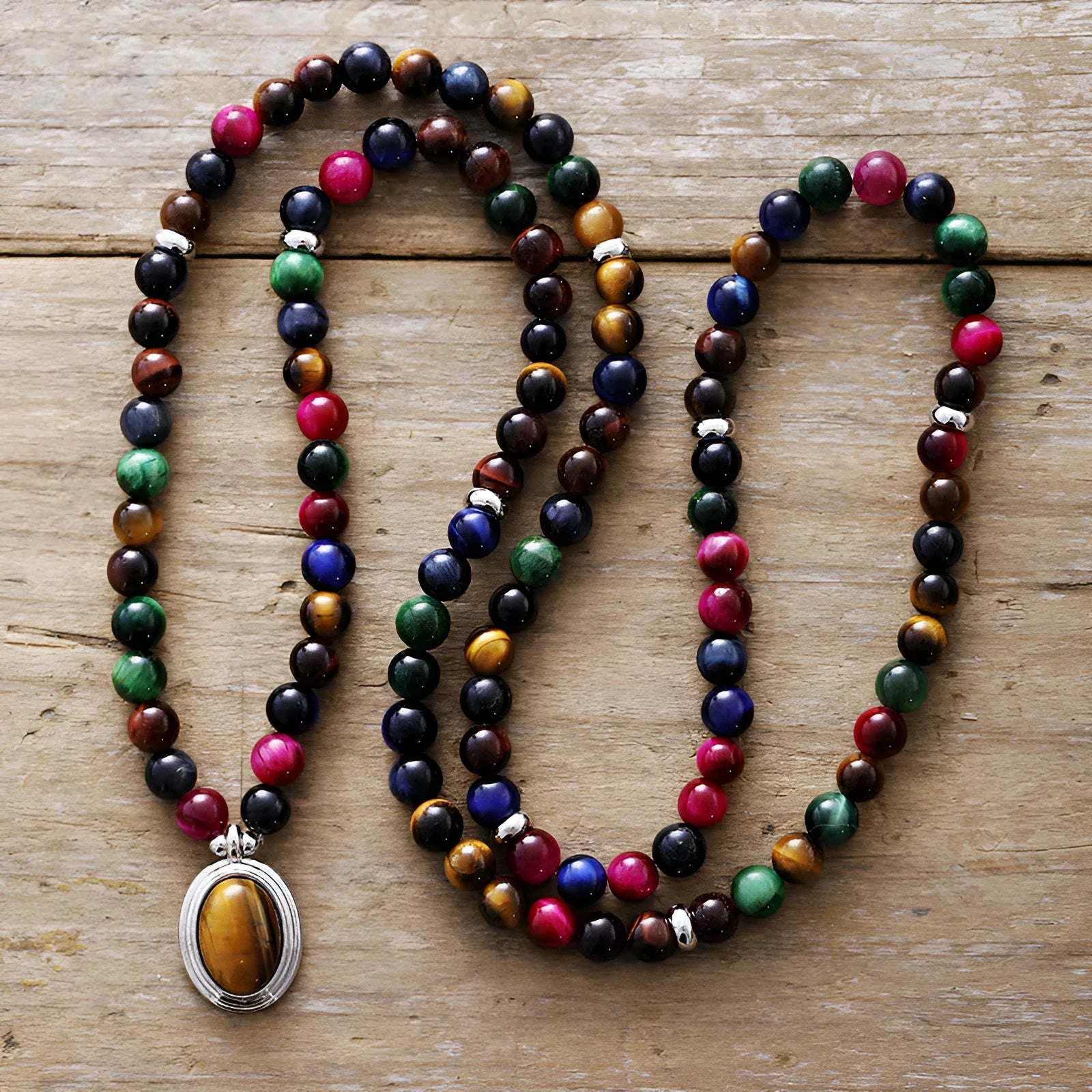 Tiger eye necklace and bracelet set with crown, infinity, and heart pendants on ball bead chain