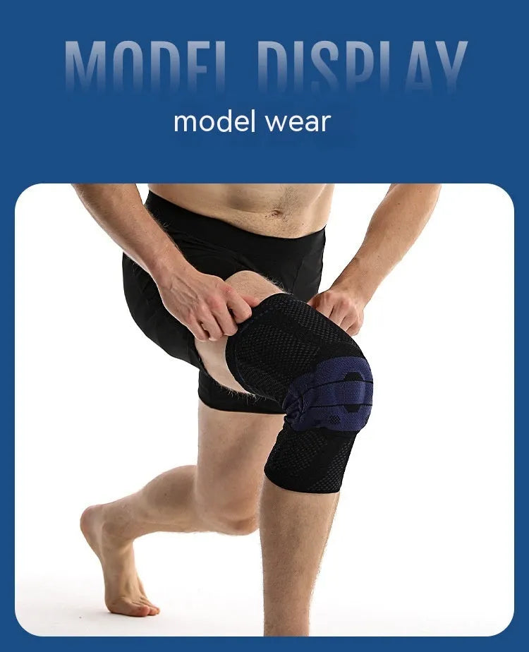 Adult sports knee pad in black and blue, made from nylon and spandex.