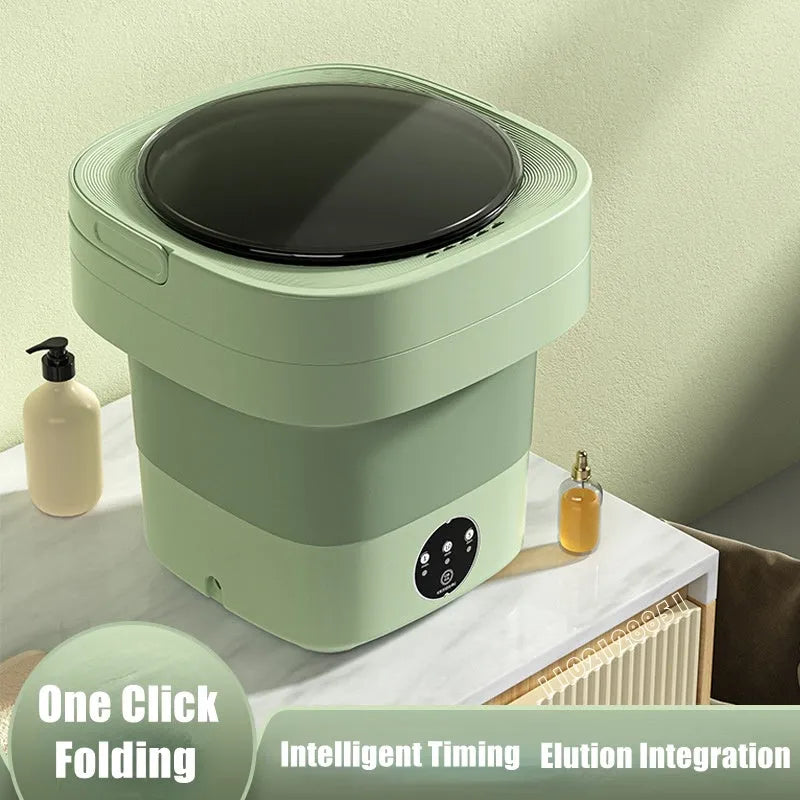 Portable folding washing machine in pine green colour with drain hose and basket