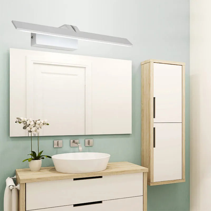 White framed LED bathroom mirror headlight mounted on wall showing three light colour options.