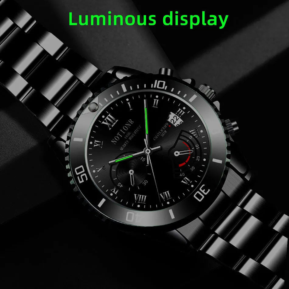 Men's waterproof luminous calendar quartz watch with steel case, black dial, and date window