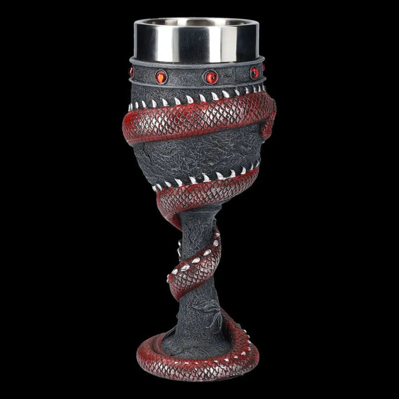 Red wine glass with 3D dragon decoration on stainless steel stem in gold colour