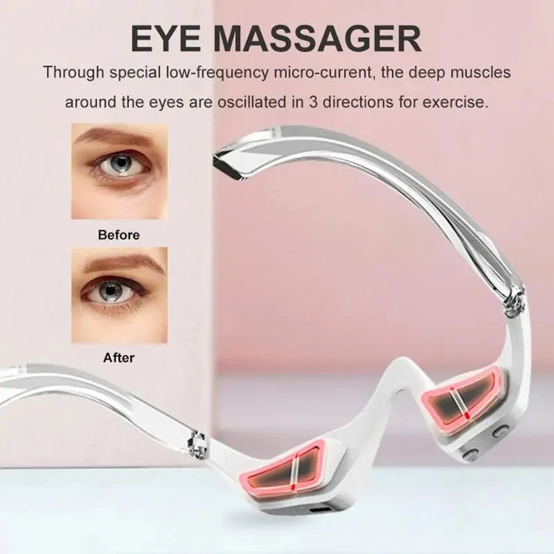 3D micro-current eye massager with glasses-like design showing pink and white colour options