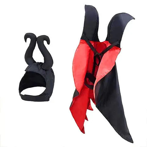 Halloween pet costume with bat cloak and devil horn hat in purple or red