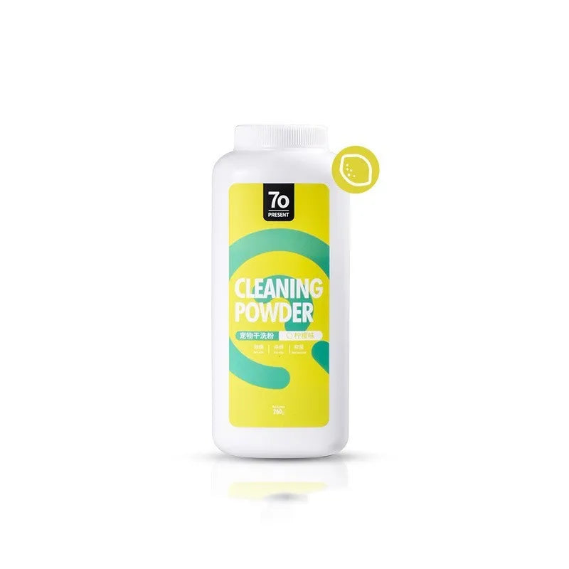 260g bottle of dog dry cleaning powder in Rose, Seville Orange, or Menthol scent for waterless bathing.