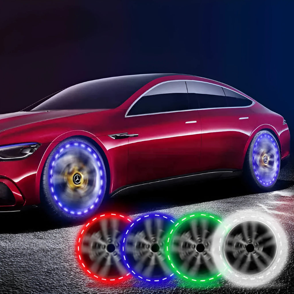 Solar-powered multi-colour LED valve stem decorative lights for car wheels with 15 flash modes