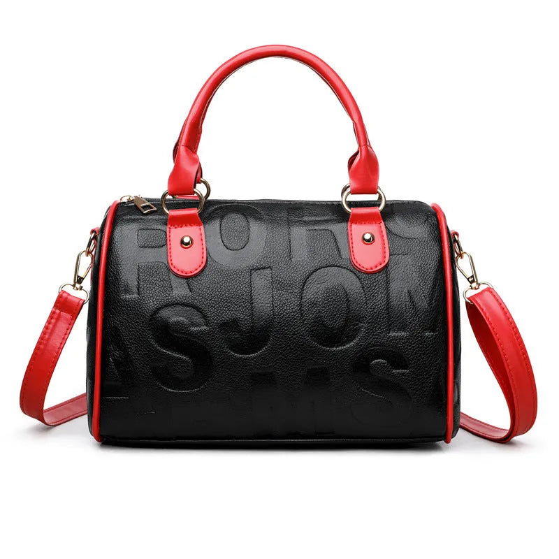 Cylindrical PU crossbody bag with three shoulder straps in red or brown colour with polyester lining