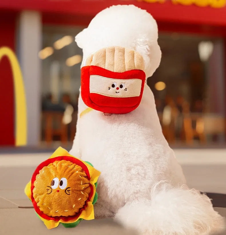 Cartoon hamburger design adjustable vest leash for a dog, showing the integrated rope and backpack-style harness.