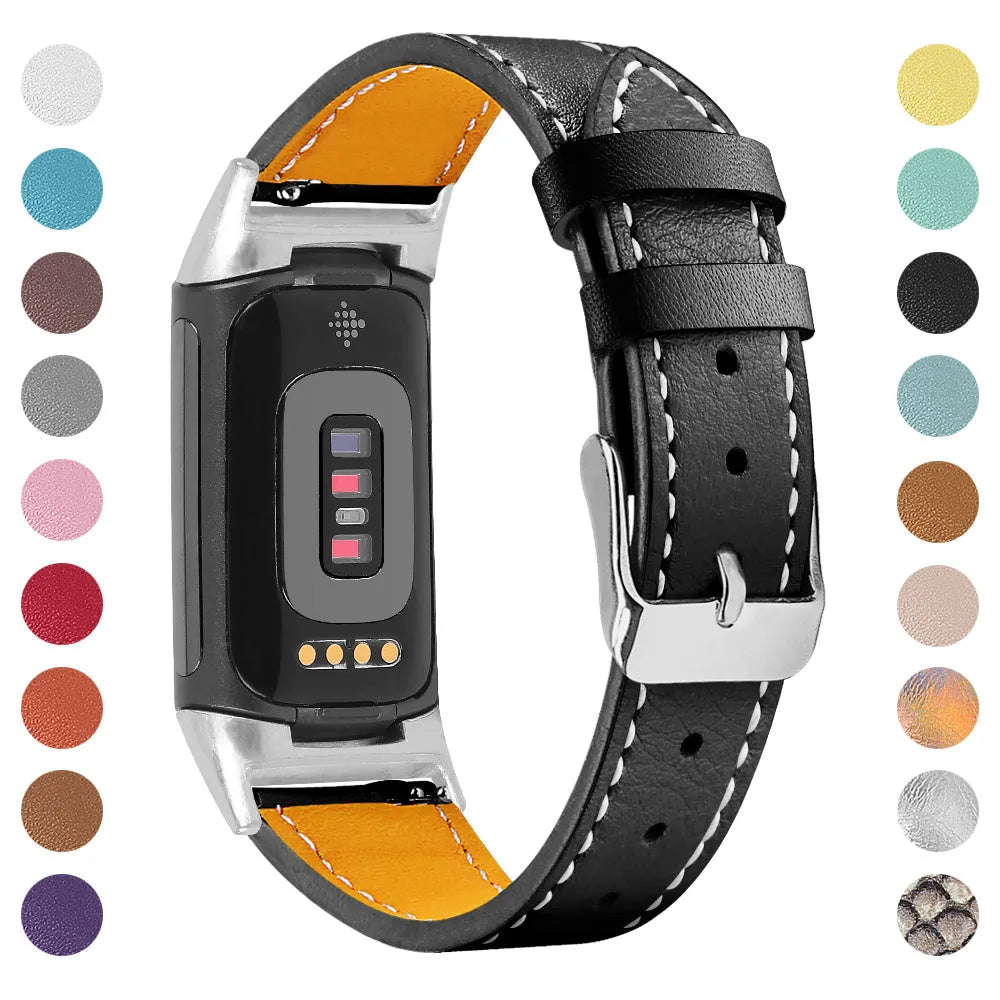 Genuine cowhide leather strap for Fitbit Charge 5 and Charge 6 smartwatches in multiple colours.