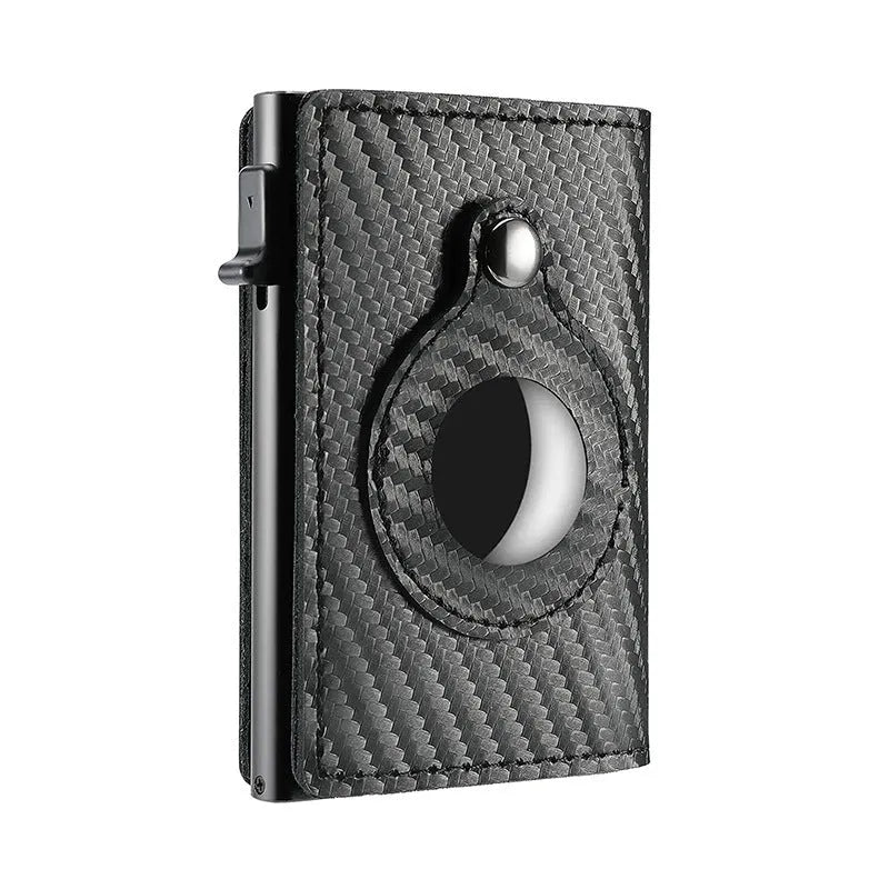 Crazy Horse Black genuine leather card holder wallet with AirTag slot and card pockets