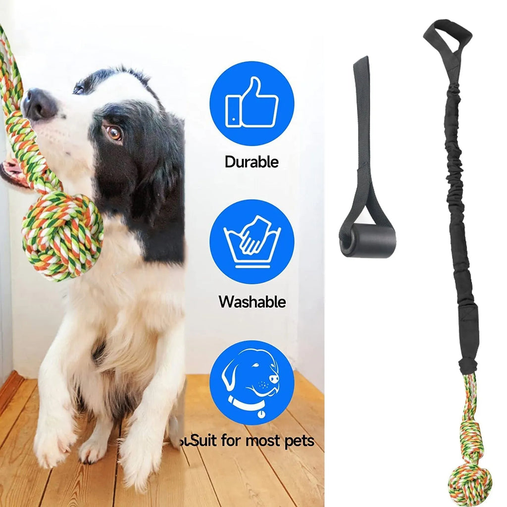Cotton dog tug-of-war rope toy in red, shown being pulled by a dog and owner.