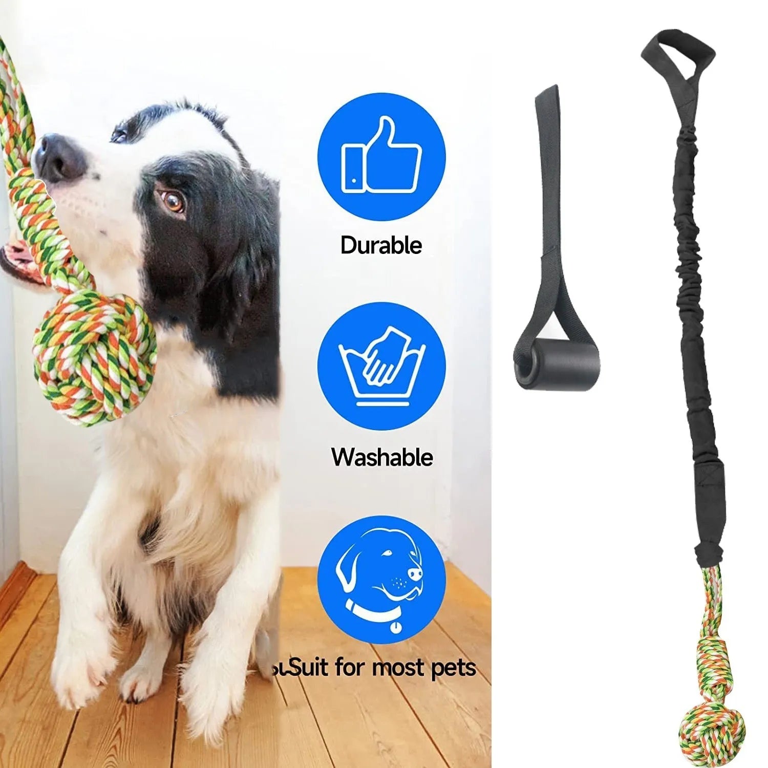 Cotton dog tug-of-war rope toy in red, shown being pulled by a dog and owner.