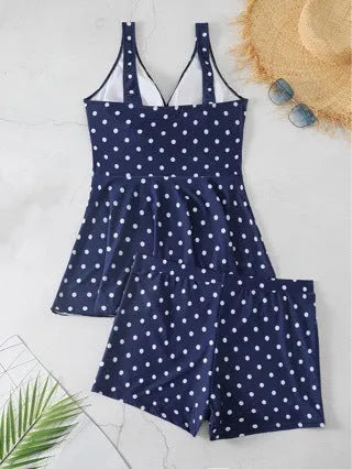 Blue polka dot print women's plus size swimsuit bikini set with skirt top and brief bottoms