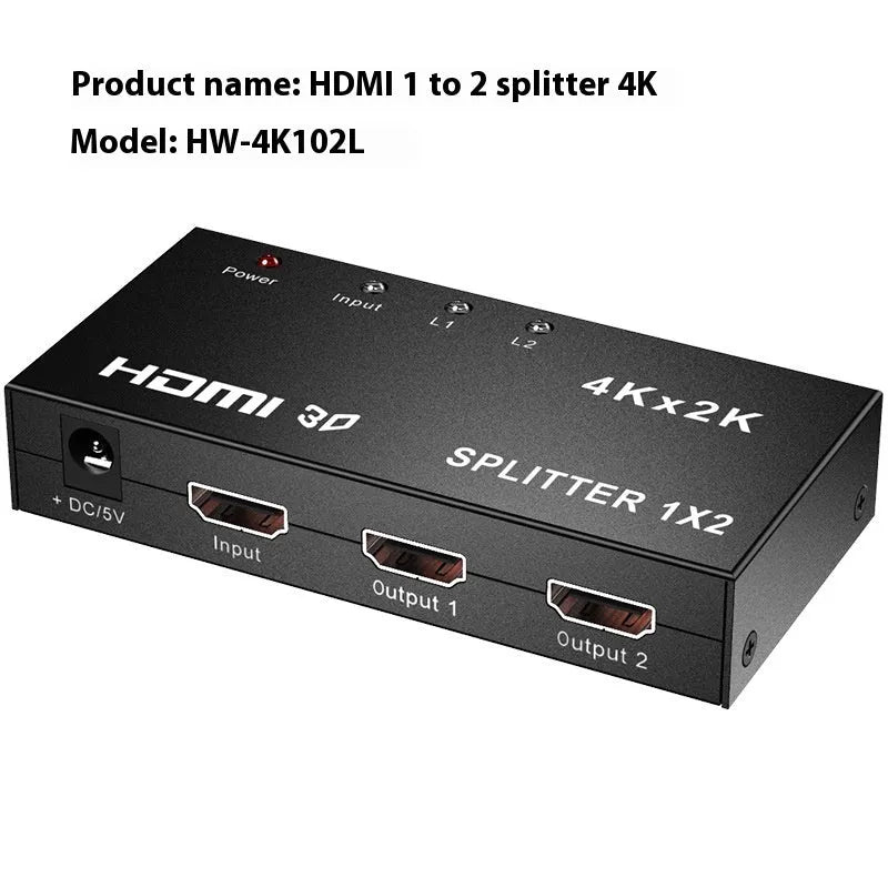 4K HDMI one-to-two splitter box with USB power cable on a white background.