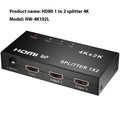4K HDMI one-to-two splitter box with USB power cable on a white background.