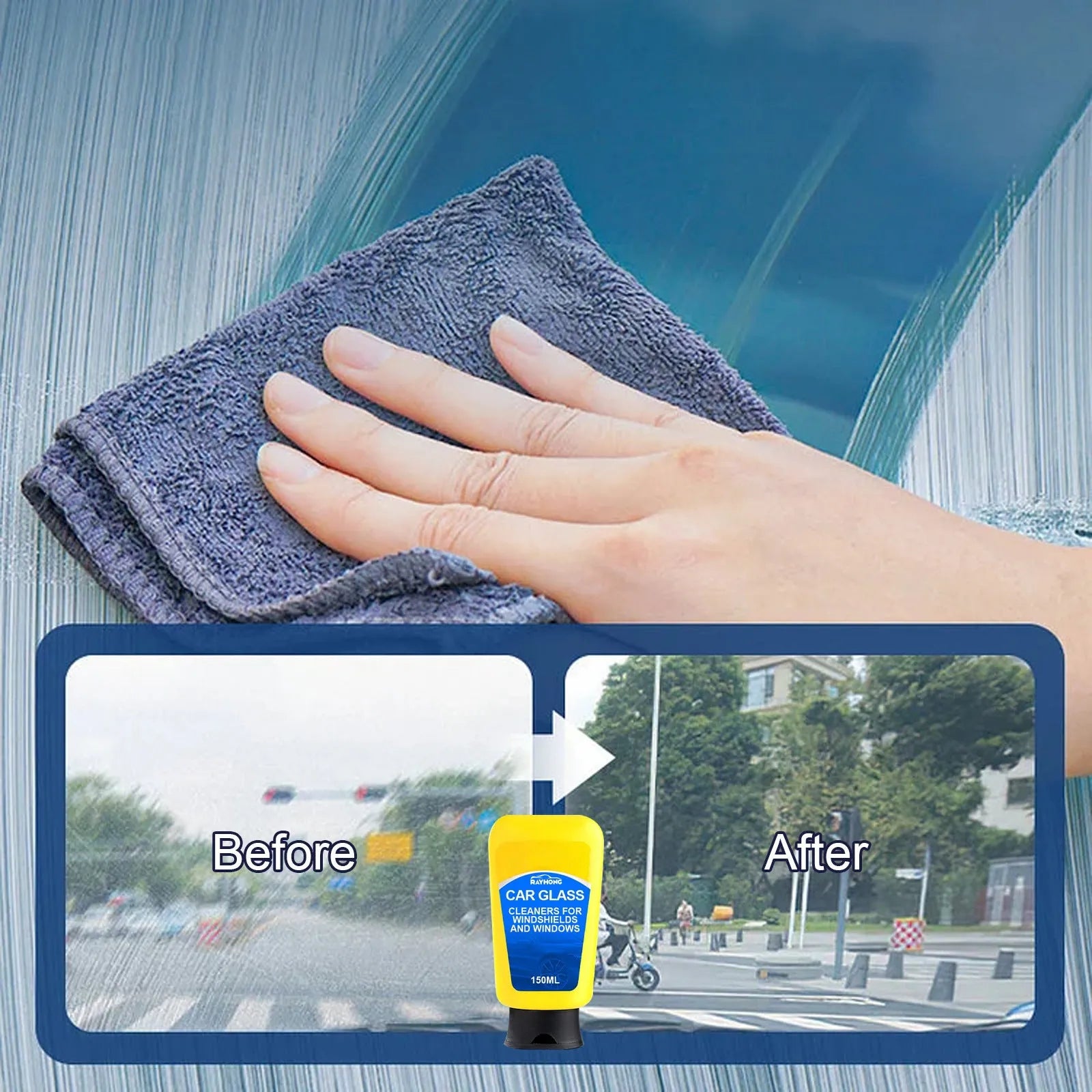 Windscreen cleaning kit with 150ml detergent bottle, small sponge, and microfibre cloth.