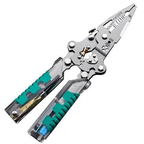 Electrician's multi-functional wire stripper with needle-nose pliers design showing rust prevention steel construction