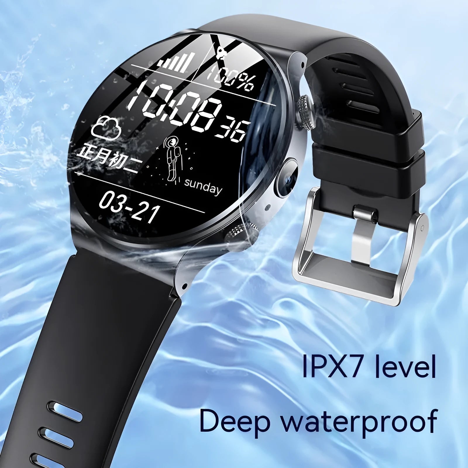 Black and white Fashion Personality Video Smart Watch showing 1.28-inch screen on a wrist.