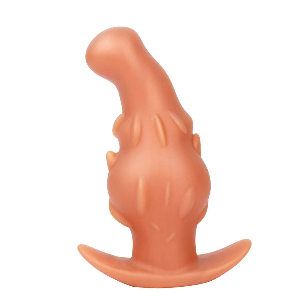 Purple, gold, and black liquid silicone masturbator toy in sizes S, M, L, XL for unisex adult use.