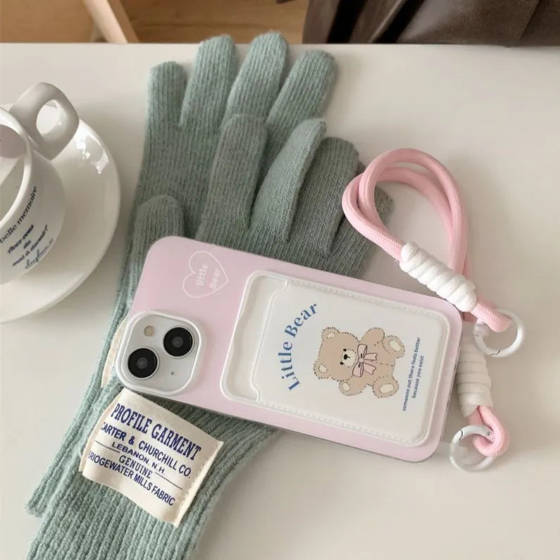 Pink bear TPU phone case with card holder and lanyard for iPhone 13