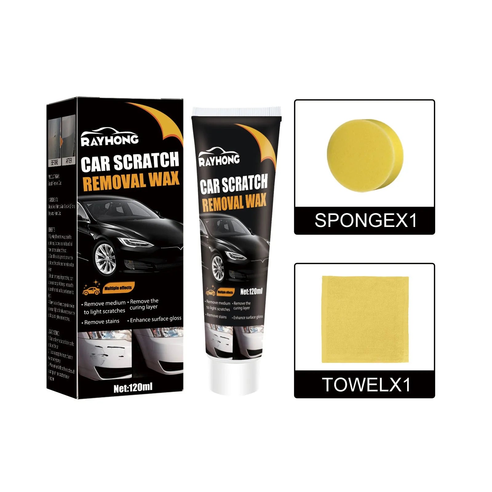 Car scratch wax kit showing 120ml tube, applicator sponge and microfiber towel for automotive paint maintenance