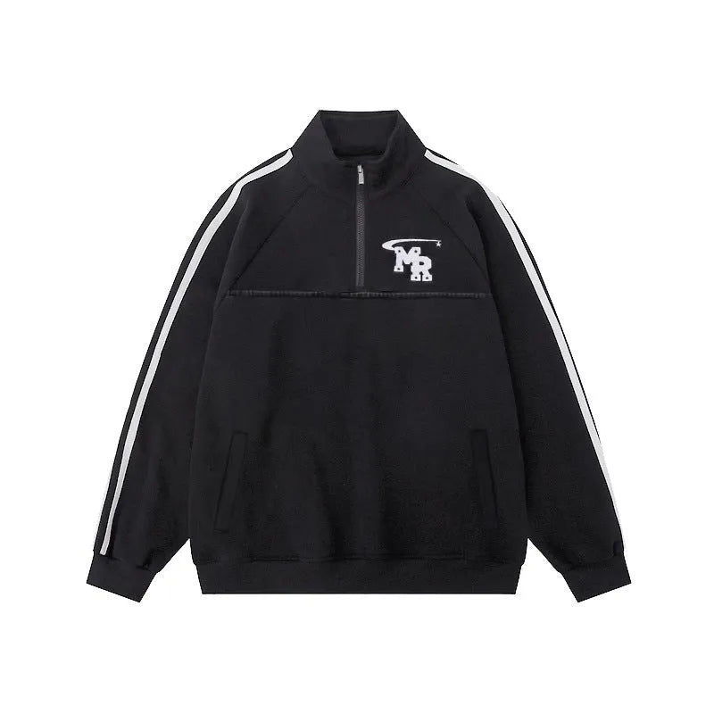 Black Hong Kong style retro casual sports hoodie with stand collar design