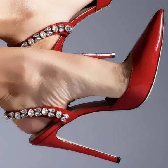 Women's black pointed toe high heel sandals with rhinestone side accents showing 11cm heel height