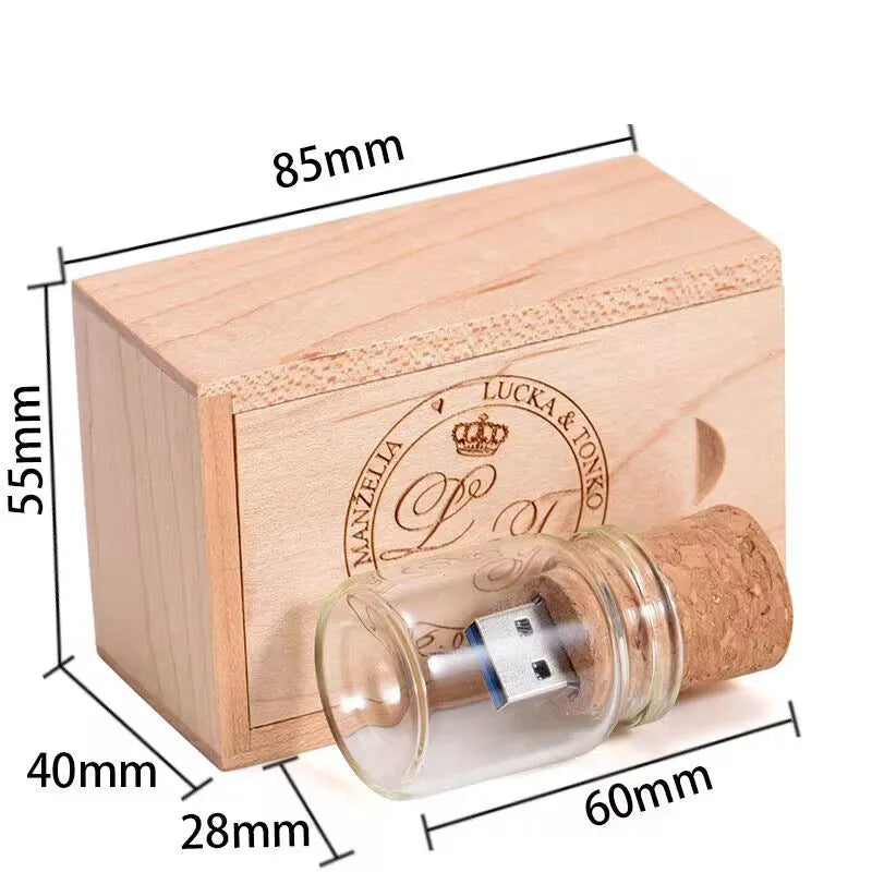 Transparent wooden wish drift bottle containing a USB flash drive on a white background.