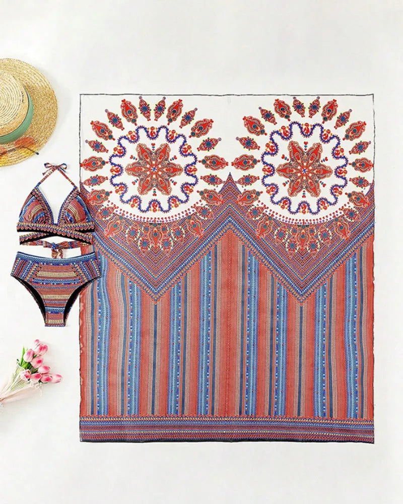 Women's three-piece split swimsuit set featuring a cutout blouse, high-waisted brief, and jacket.