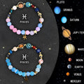 Two natural stone beaded bracelets featuring zodiac symbols on a white background.