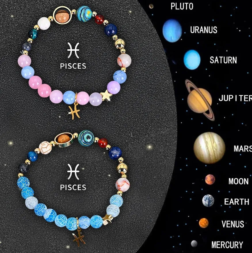 Two natural stone beaded bracelets featuring zodiac symbols on a white background.