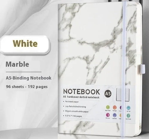 A5 office diary with hand skin feeling PU leather cover and strap closure, open to show horizontal line pages.