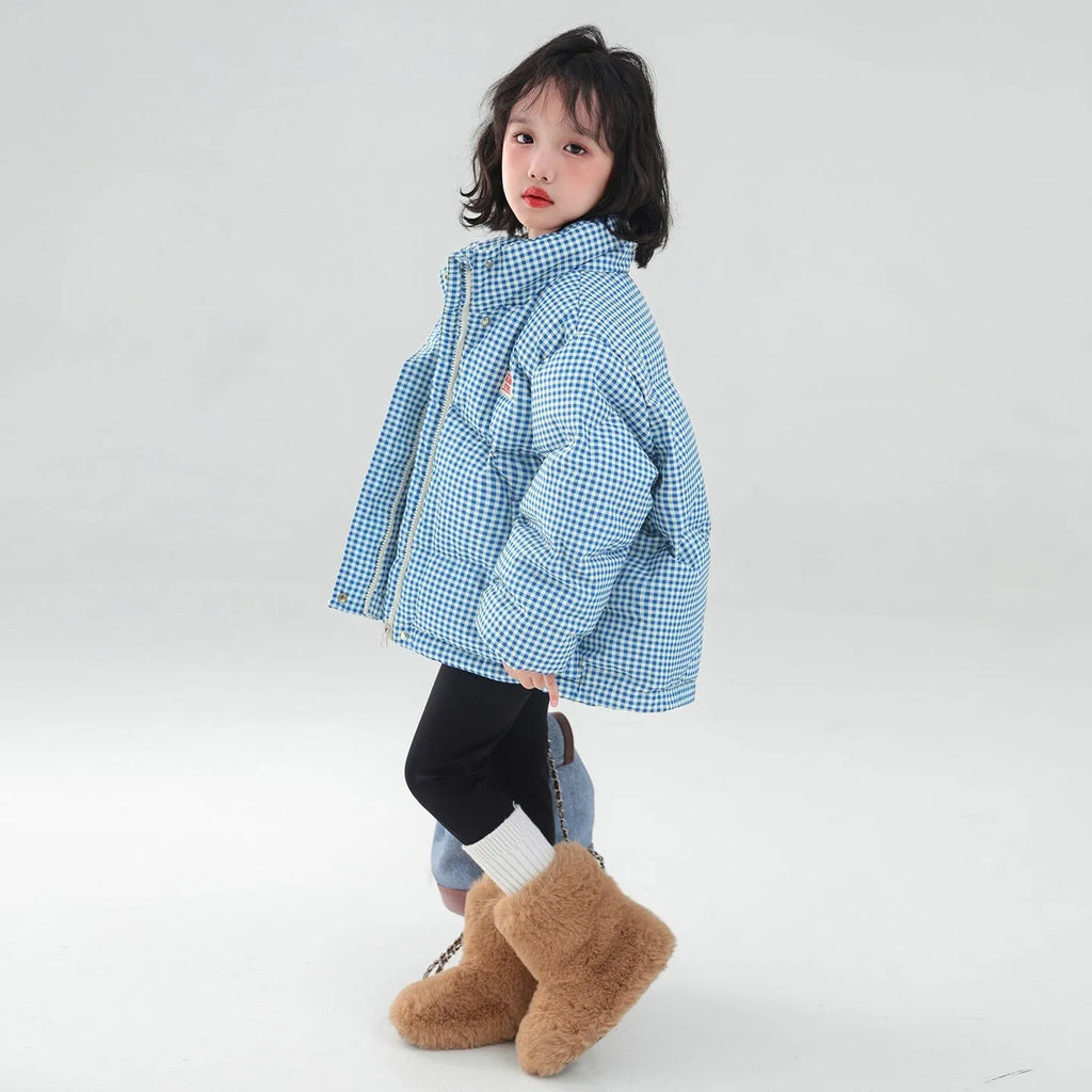 Contrast color blue plaid hooded cotton coat jacket with zipper closure for children, suitable for heights 120cm to 170cm