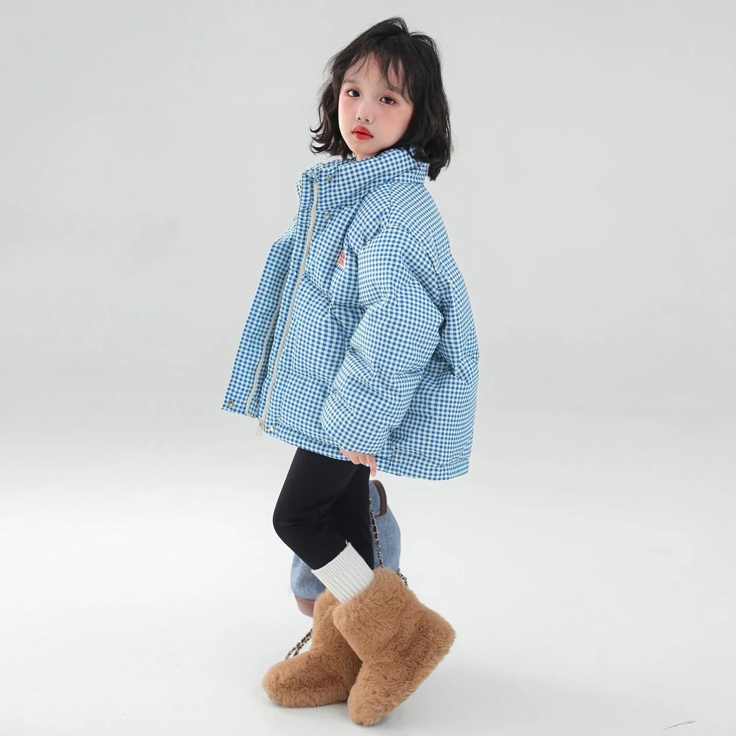 Contrast color blue plaid hooded cotton coat jacket with zipper closure for children, suitable for heights 120cm to 170cm