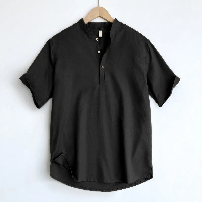 Men's solid colour short sleeve t-shirt in a cotton linen fabric blend on a hanger.