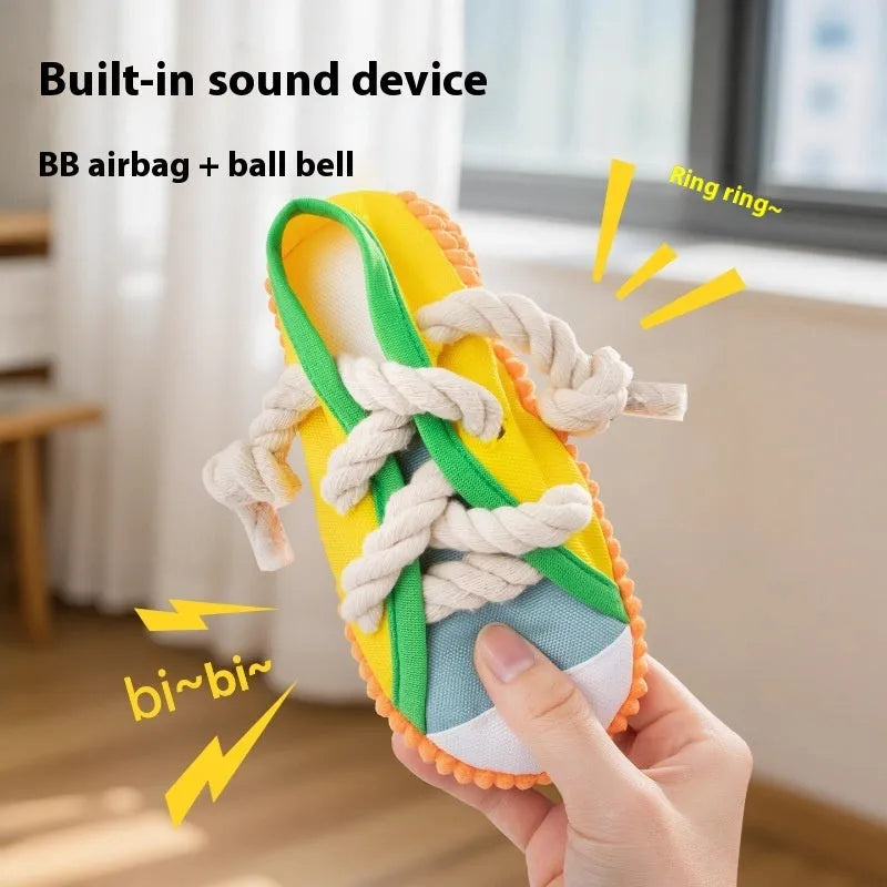 Colour options for a plastic sound slippers dog toy: rock yellow, black, and sea fog blue.