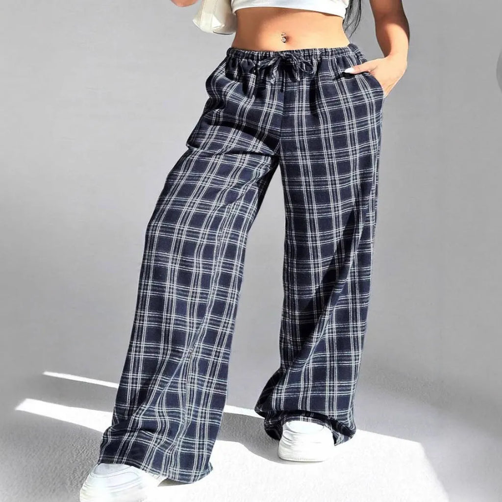 Women's loose fit casual trousers with drawstring waist and plaid pockets in polyester fabric