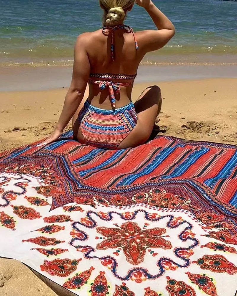 Women's three-piece split swimsuit set featuring a cutout blouse, high-waisted brief, and jacket.