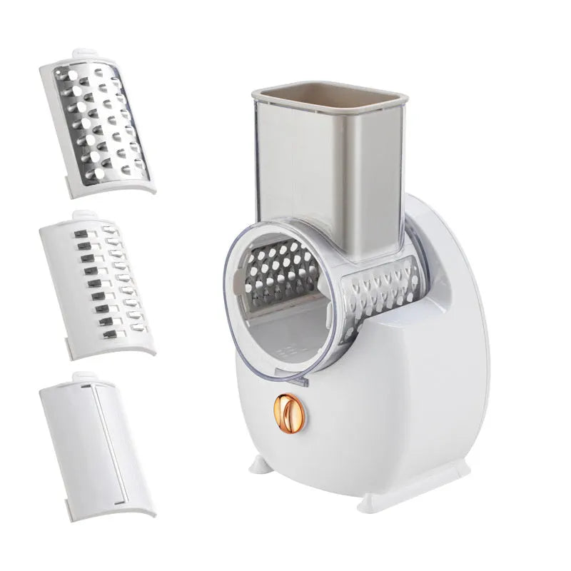 White electric vegetable slicer with rotary grater and strong suction base for kitchen use
