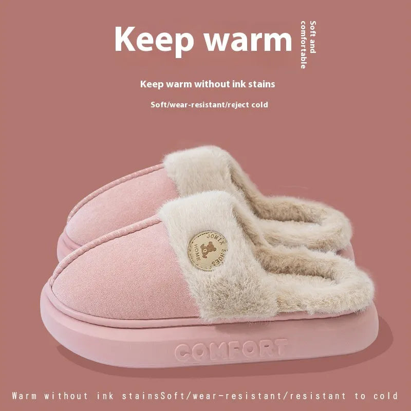 Plush fleece winter slipper for indoor use with thick PVC sole, shown in multiple colours.