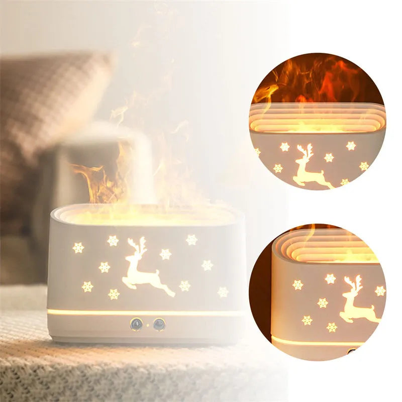 White flame effect humidifier diffuser with LED lighting and Christmas pattern, showing mist output