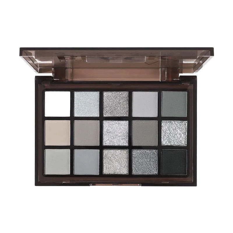 Night Elf 15-colour eye shadow palette open, showing matte and shimmer pans in smoky earth tones.