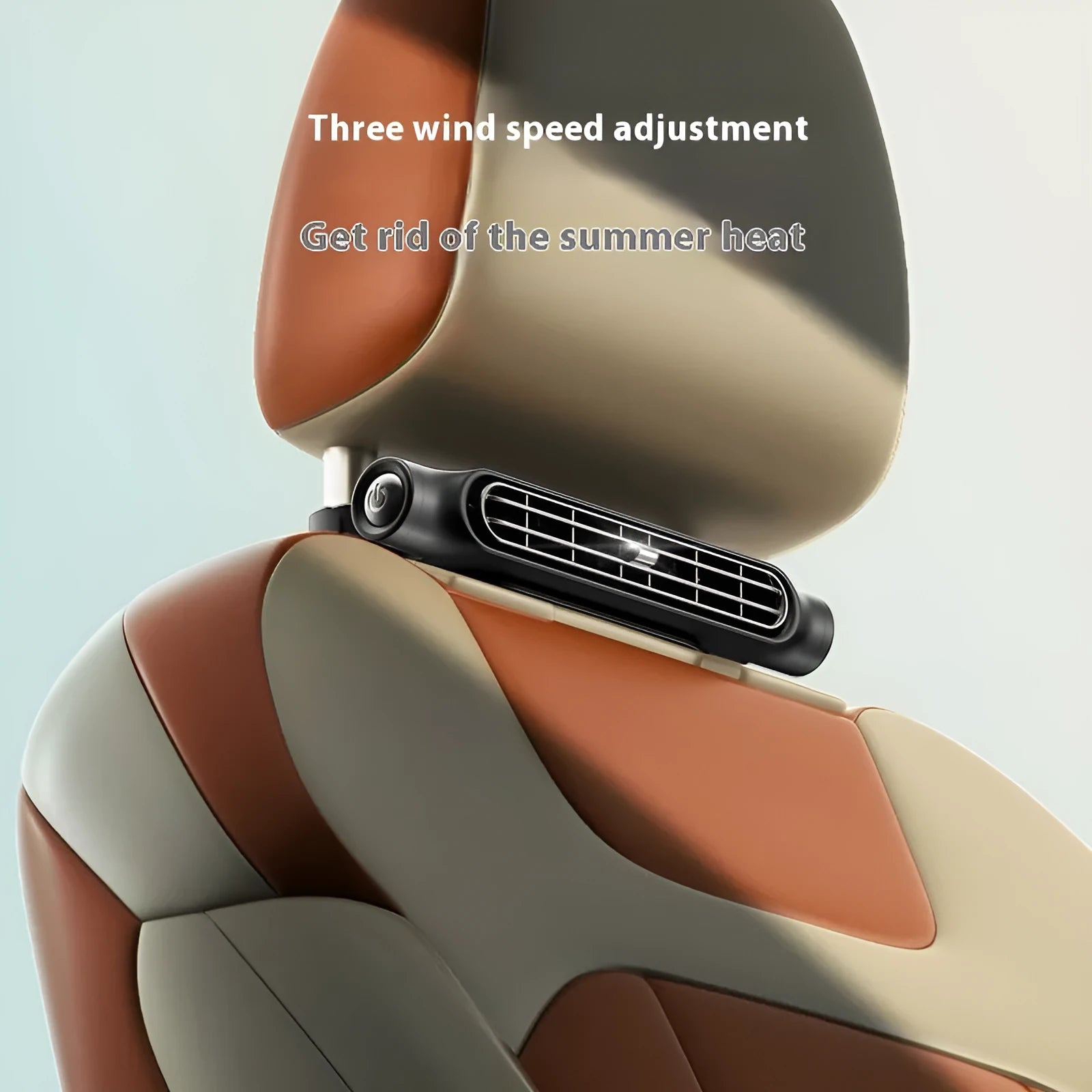 USB plug-in car seat fan with velcro straps, shown in beige colour, mounted on a car headrest.