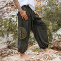 Dark green ethnic pattern men's ankle-tied casual trousers