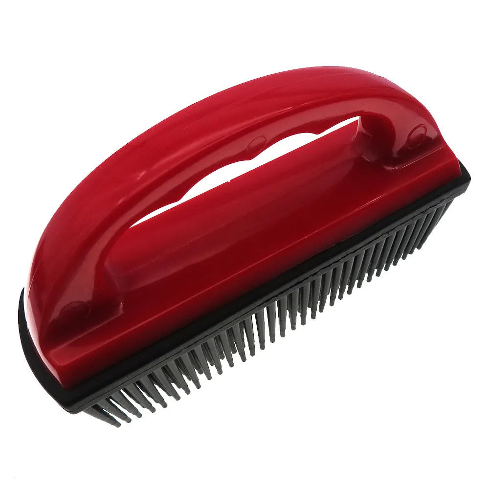 Red pet hair removal brush with silicone bristles for bath grooming and carpet cleaning