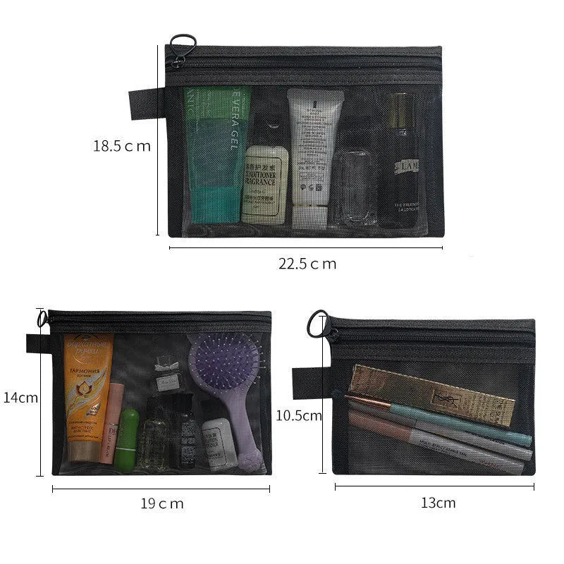 Transparent mesh nylon gauze cosmetics storage bag with zipper closure, available in multiple sizes