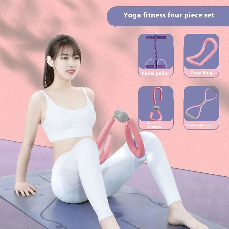 Yoga four-piece fitness set containing a leg beauty device, yoga ring, pedal tension device, and figure eight tension rope.
